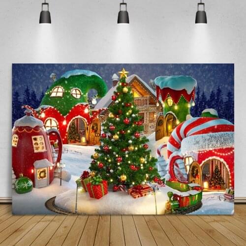 Laeacco Fairytale Town Christmas Tree Child Portrait Photocall Winter Snow Night Scenic Photographic Backdrops Photo Backgrounds