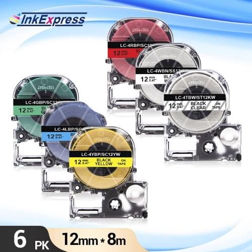 InkExpress SS12KW Tape for Epson ST12KW SC12RW SC12YW SC12BW SC12GW 12mm Labeling Tape LK-4WBN for Epson King Jim Label Maker