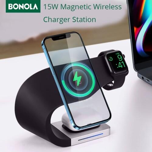Bonola Qi 15W Wireless Charger 4 in 1 for Magsafe iPhone 11 12 8 Plus XR Fast Charging Stand for Apple Watch 6 5 4/Airpod pro/2