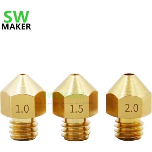 MK8 M6 Large Caliber Copper Nozzle brass nozzle 1.0mm 1.5mm 2.0mm Larger Diameter For 1.75mm 3mm Filament 3D Printer Accessories