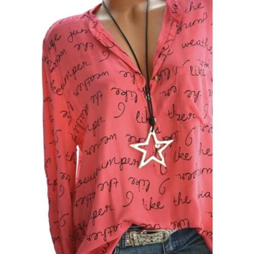 Fashion Sexy Lady Letter Print Long Sleeve V Neck Casual Loose Shirt Top