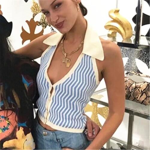 MONMOIRA V-neck Stripe Women Knitted Crop Tops Vests Sexy Summer Backless Bella Tank Tops Girls Y2K Halter Knitwear cwe0352-5