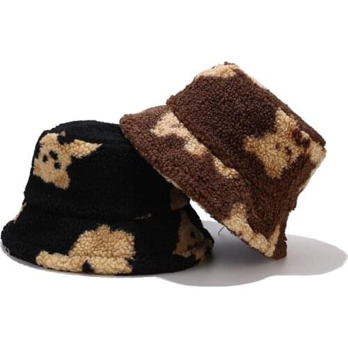 Cartoon Cute Bucket Hat Winter Warm Fishing Caps Lamb Wool Bear Printed Fisherman Hat Men Women Flat Top Sun Hats