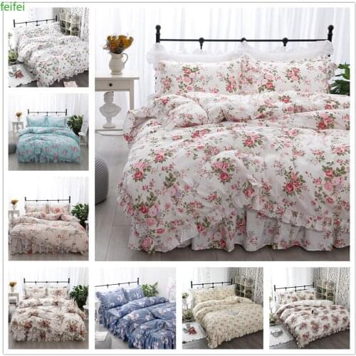 New Garden Flower Printed Queen Bedding Set Ruffle Duvet Cover Bed Sheet Princess Bed Linens King Size Bedding Set Pastoral