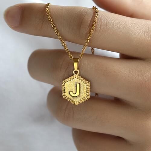 Stainless Steel Initial Necklace For Women Hexagonal Pendent A-Z Letter Choker Necklace Gold Chain Collares Aesthetic Jewerly
