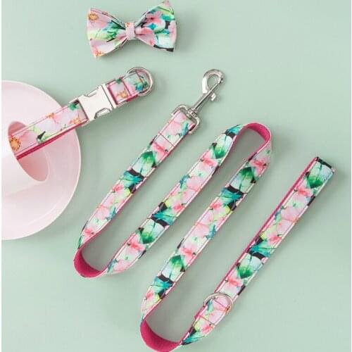 Personalized Pink Flower Dog Collar Leash With Bow Tie Set Free Engraved Nameplate For Small Medium Large Dog