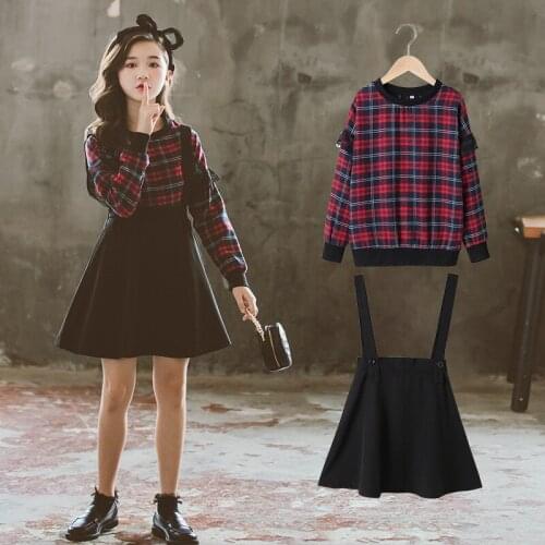 Sweet Plaid Spring Summer Childrens Clothes Set Baby Girls Sweatshirts + Dress 2pcs/Set Kids Costume Teenage Girl Clothing High