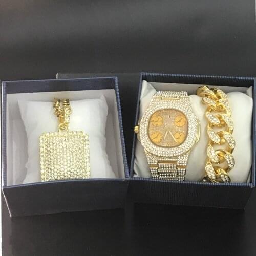 Luxury Men Watch Hip Hop Gold Ice Out Cuban Necklace Bracelet Men Watch & Necklace & Bracelet Hip Hop Men Jewelry Combo Set