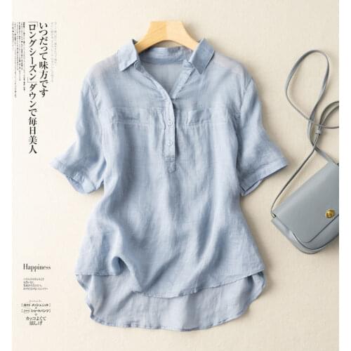 2021 Summer Fashion Women Shirts Casual Ladies V-Neck Cotton Linen Blouses and Tops Short-Sleeved Solid Color Loose Blouse Q543