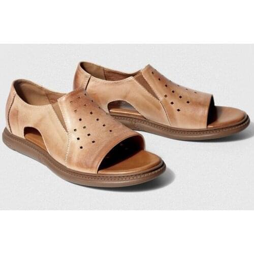 Summer Mens Hollow Out Shoes Breathable Loafers Brand Genuine Leather Gladiator Sandals Male Leisure Slip On Beach Sandals Black