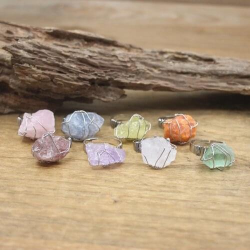 Silvery Wire Wrap Irregular Raw Stone Ring Healing Crystal Fluorite Amethysts Fashion Ring Women Party Wedding Jewelry,QC4103