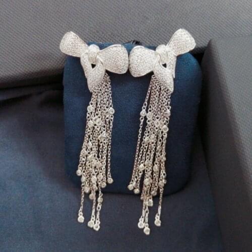SLJELY Luxury Real 925 Sterling Silver Bowknot Long Tassel Crystal Earrings micro Cubic zirconia for Women Fashion Party Jewelry