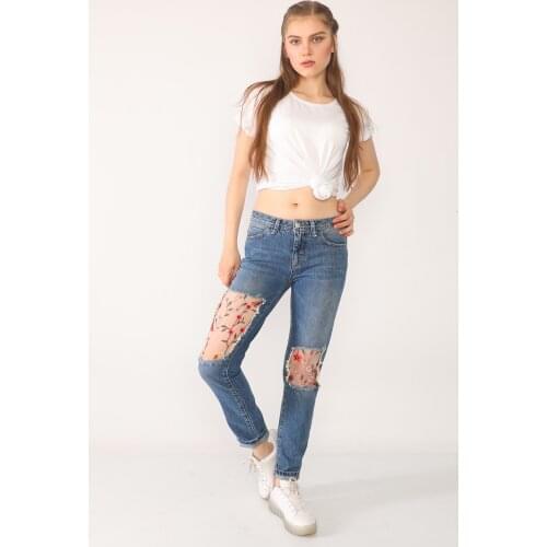 Blue Flower Patterned Trousers Jeans Pant for Women Streetwear Loose Female Denim Jeans Buttons Zipper Ladies Jeans