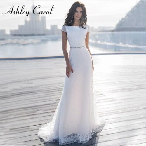 Ashley Carol Mermaid Wedding Dress 2021 Shining Beaded Crystal Sexy Backless Beach Bride Dresses Scoop Short Sleeve Bridal Gown