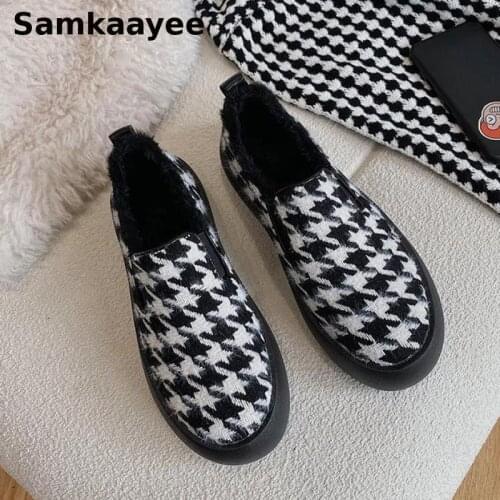 Size 35-40 Womens Flats Shoes Winter Female Flock Houndstooth Loafers Slip-on Sneakers Mujer Round Toe Zapatos Chaussures Y30