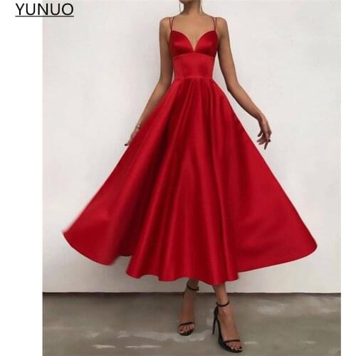 YUNUO Simple Red Prom Dresses Tea-Length Double Straps robes de cocktail Formal Evening Gowns Satin vestido de fiesta de boda