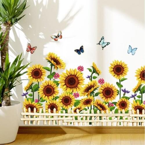 Sunflower Fence Wall Stickers Butterflies Wall Decals Art Mural Living Room Bedroom Decoration Self-adhesive Vinyl Wallpaper