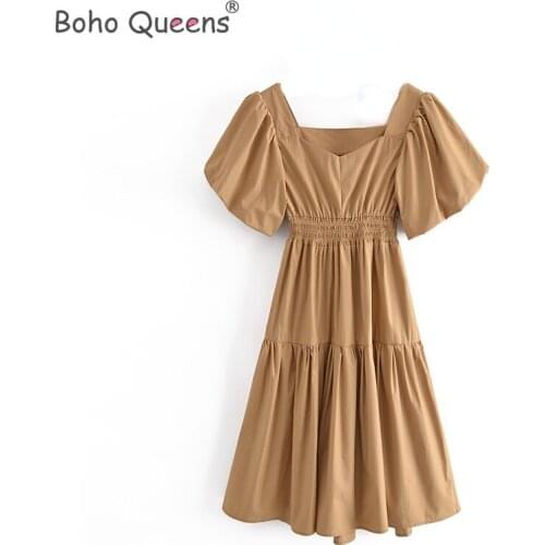 Boho Queens women solid short sleeve Bohemian polyester mini dress Ladies square collar Boho vestidos