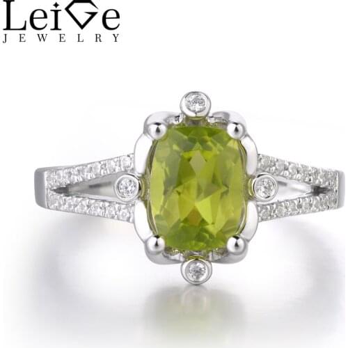 Leige Jewelry Real Peridot Gemstone 925 Sterling Silver Cushion Cut Engagement Rings For Woman August Birthstone