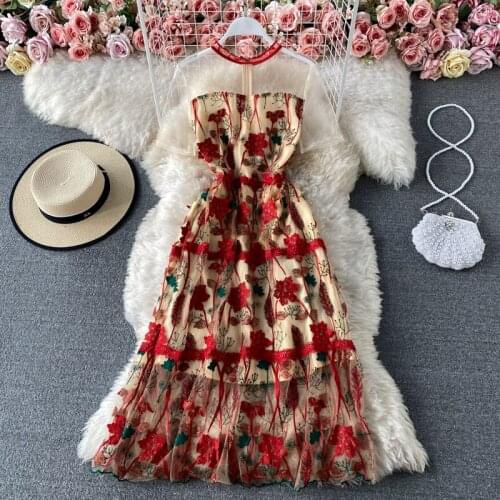 Womens spring summer runway fashion flower embroidery mesh dress female sexy sleeveless chic travel beach mesh dress TB1463