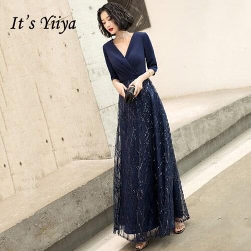 Evening Gown Navy Blue Its Yiiya AR319 Robe De Soiree Half Sleeve Plus Size Formal Gowns V-neck Shining A Line Evening Vestido