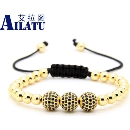 Ailatu Fashion Jewelry High Quality 6mm Copper Beads Three 10mm Black Cz Ball Bead Braiding Macrame Bracelet