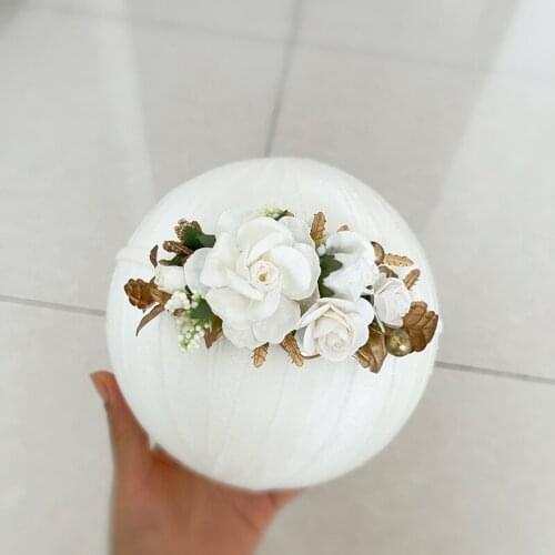 Free Shipping White Flower Rhinestone Beads Golden Leaves Skinny Girl Headband