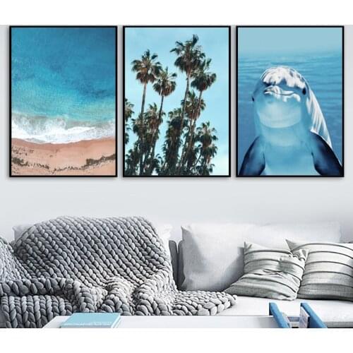 Dolphin Fish Sea Beach Tree Blue Scenery Nordic Posters And Prints Wall Art Canvas Painting Wall Pictures For Living Room Decor
