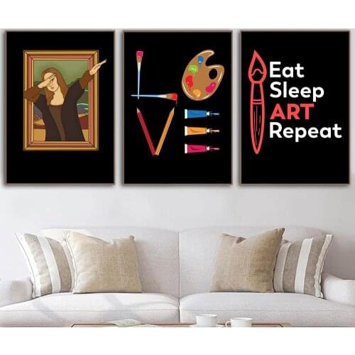 Eat Sleep Art Repeat Quote Canvas Painting Funny Wall Art Dabbing Mona Lisa Poster Home Decor Nordic Modular Picture Living Room