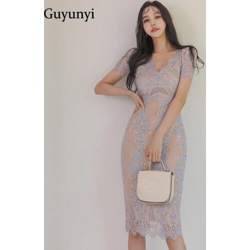 Elegant Office Lady Dress 2021 Summer Simple Floral Lace Dress Sexy V-Neck Temperament High Waist Tight Womens Party Dress