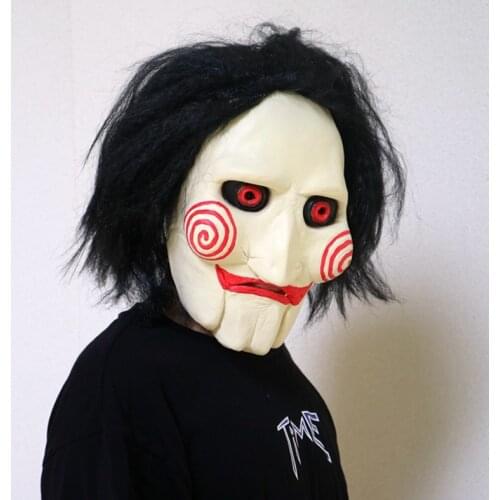 Movie Saw Chainsaw Massacre Jigsaw Puppet Mask with Wig Hair Latex Creepy Halloween Horror Scary mask Unisex Party Cosplay Props