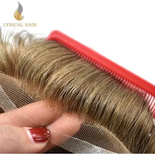 French Lace Front Mens Toupee Poly Skin PU Soft Human Hair Replacement System Bleached Knots Natural Breathable Wig for Men Q6
