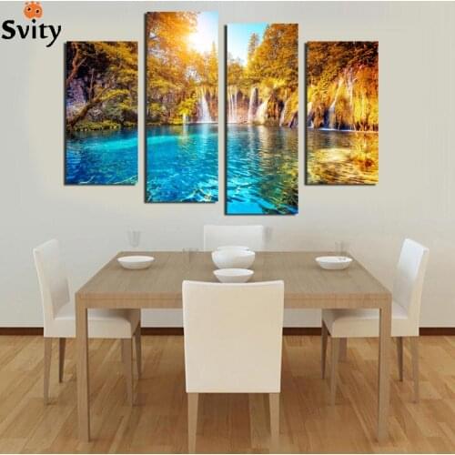 Canvas 4 Panel Wall Art Waterfall Painting Canvas Landscape Painting Green Forest Lake Wall Pictures Home Decor Unframed F18871