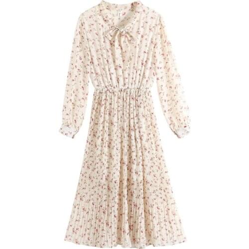 Korean Style Women Dress Fall Casual Lady Vintage Floral Printed Chiffon Shirt Dress Long Sleeve Summer Midi Dress Vestido S-XXL