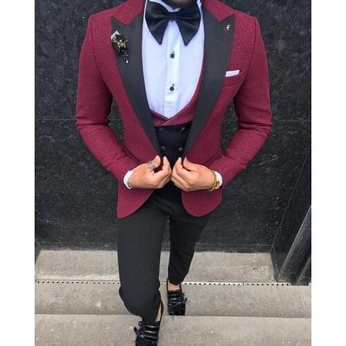 Burgundy Mens Suits 3 Pieces Fashion Costume Homme Black Peak Lapel Tuxedos Personalized Groom Suits Jacket+Pant+Vest+Bowtie