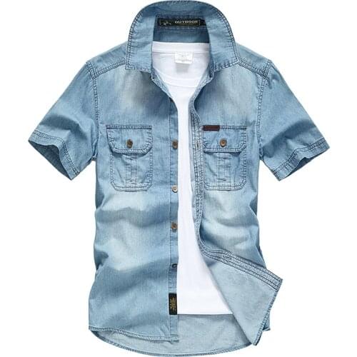 Summer Denim Shirt Men Casual Cotton Short Sleeve Mens Dress Shirts Fashion Slim Fit Cowboy Shirt Male Jeans Chemise Homme M-3XL
