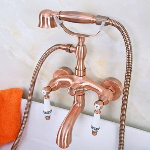 Antique Red Copper Brass Dual Ceramic Handles Wall Mounted ClawFoot Bath Tub Faucet Mixer Tap With Hand Shower Spray mna313
