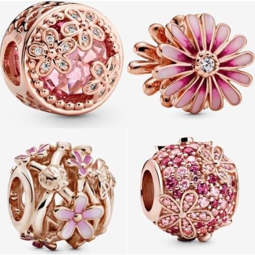 New 100% 925 Sterling Silver Rose gold Openwork Pink Daisy Flower Charm Fit pandora Bracelet Pink Daisy Flower Charm Diy Jewelry