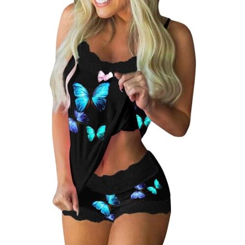 Butterfly Print Pajamas Women Sleeveless Lace Cami Shorts Lingerie Sleepwear Set Fashion Sexy Home Ladies Underwear Pajamas