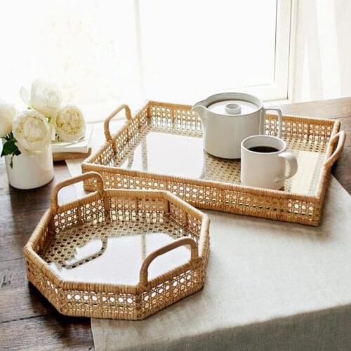 Rattan desktop storage box round tea tray square tea tray cup storage tray American coffee table storage tray