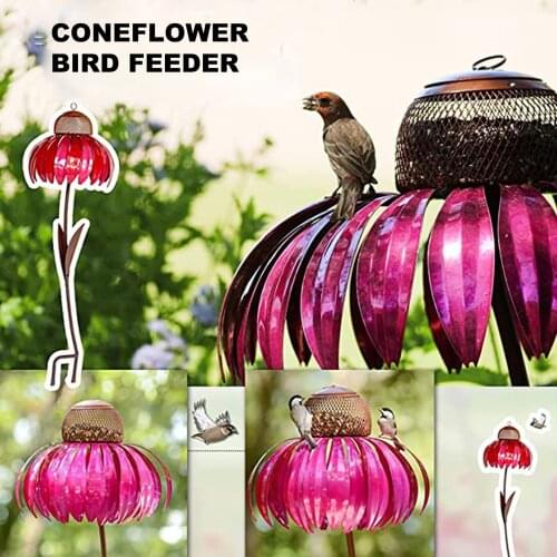 Sensation Pink Coneflower Bird Feeder Decoration Window Garden Flower Bird Feeder Outside Rust Resistant Art Metal Garden Decor