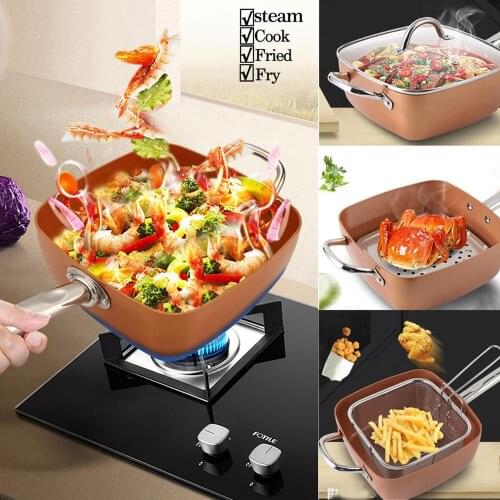RU US Warehouse 4 in1 MULTI FUNCTIONAL COOKER Non-Stick Copper Frying Pan Square Ceramic Skillet Coating Saucepan Holloware Wok