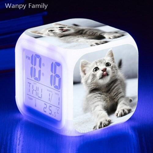 Very Cute cat Alarm Clock 7 Color Glowing LED Digital Alarm Clock For Kids Birthday Gift Multifunctio Touch Sensing Clock