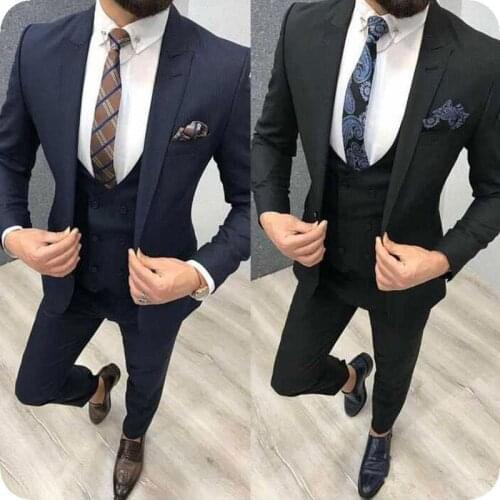 Navy Blue Formal Business Man Suits Black Men Suits for Wedding Groom Tuxedo 3 Piece Gentle Slim Fit Blazers(Coat+Pant+Vest)