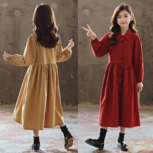 Girls Spring Dress 2021 Pure Cotton Fashion Pocket Long-Sleeved Pleated Petticoat Childrens Princess Dress 3 To 16 Years Old