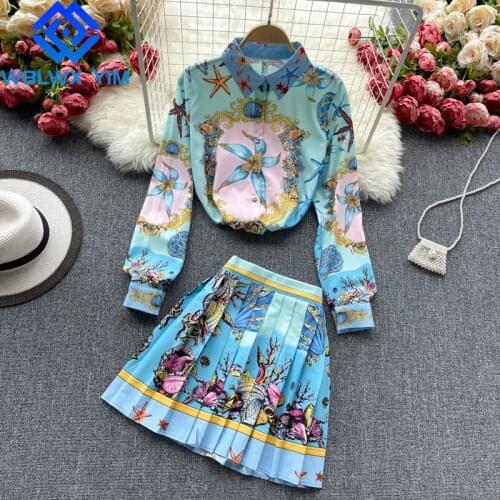 Spring Womens Two piece set Single breasted Lapel Shirt And High waist Mini Pleated Skirt Fashion Print 2 piece set Women