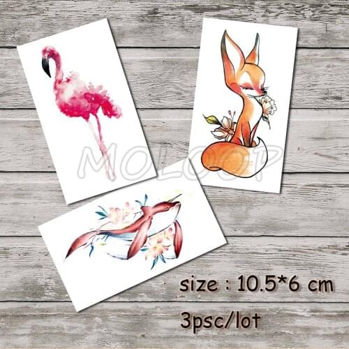 Temporary Tattoo Sticker Flamingo Fox Whale Color Fake Tatto Water Transfer Body Art Sexy Flash Tatoo Girl Woman Kid 3 Pcs