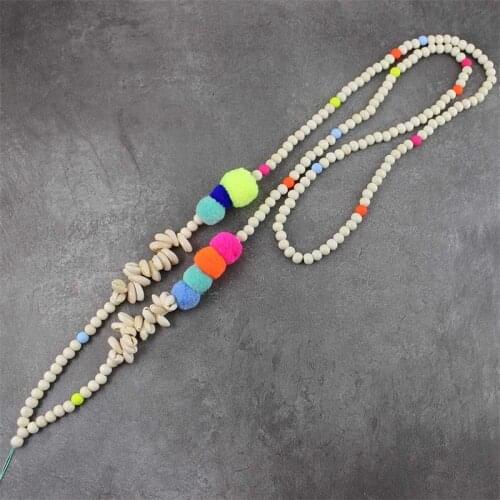 Colorful POM POM Colorful Mobile Phone Chain Long Statement Natural Shell Ethnic Wooden Beads Fashion forWoman Necklace