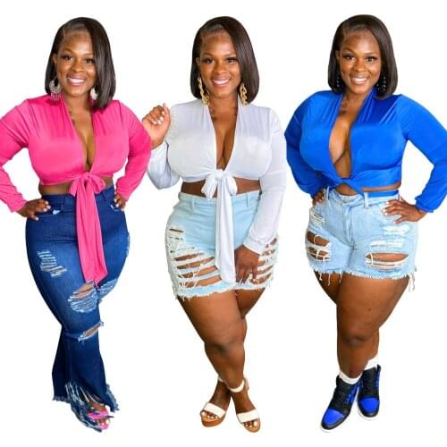 New Arrivals Women Plus Size Deep V-neck Shirts 2021 Summer Ladys Sexy Clubwear Low Cut Lace-up Long Sleeve Blouses