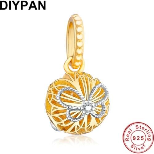 Gold Butterfly Flower Charm Pendant Bangle Fit Pandora Original Bracelet Charm 925 Sterling Silver Charm Silver Jewelry Berloque